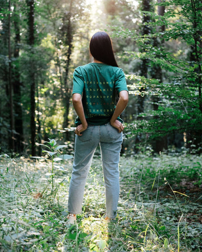 Green t-shirt with MIMOO full logo on the back